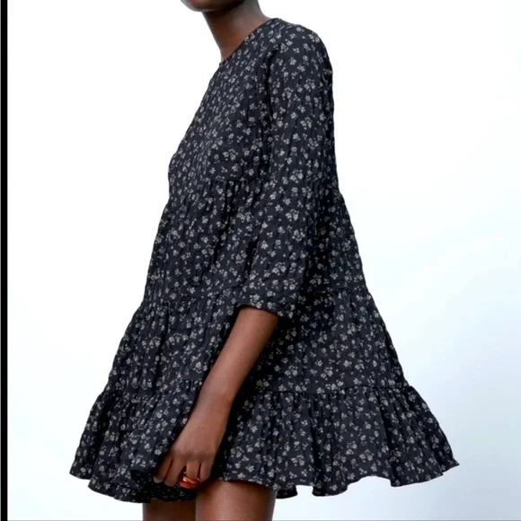 Zara floral print mini dress black tan babydoll dress medium Zara floral print mini dress black tan babydoll dress medium